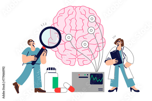 Two doctors study human brain by conducting neurological experiment and using eeg equipment