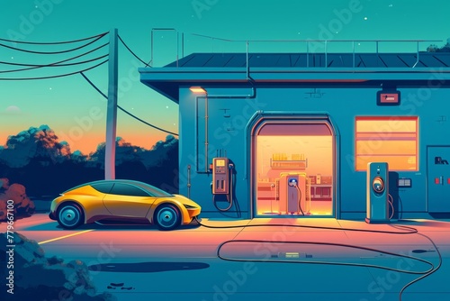 A yellow car is parked in front of a gas station, with the gas pump visible in the background, A repair shop for electric cars, AI Generated photo