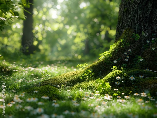 A lush green forest with a tree trunk covered in moss and a field of daisies. Concept of tranquility and natural beauty