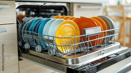 Kitchen appliance filled with plates, silverware and bowls in building.