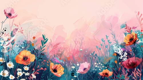 Digital bohemian style flower illustration border poster web page PPT background