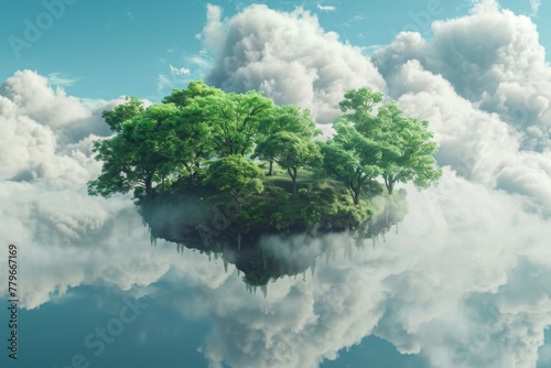 A floating island sits in the middle of a lake, with clouds hovering above it, A representation of cloud storage envisioned as a lush, floating island, AI Generated © Ifti Digital