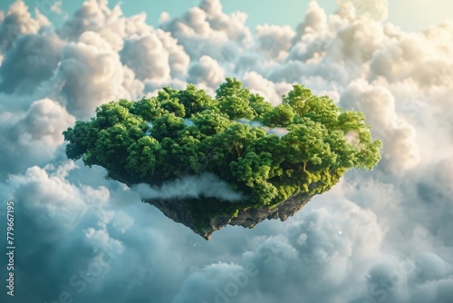 A stunning image capturing a floating island suspended in the middle of a sky filled with fluffy clouds, A representation of cloud storage envisioned as a lush, floating island, AI Generated © Ifti Digital