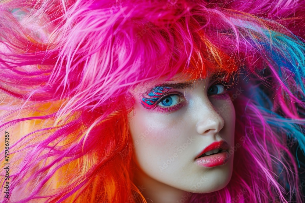 A vibrant close-up photo capturing the features of a woman with colorful hair, A riotous hairstyle from the 80s, complete with hair spray and bold colors, AI Generated