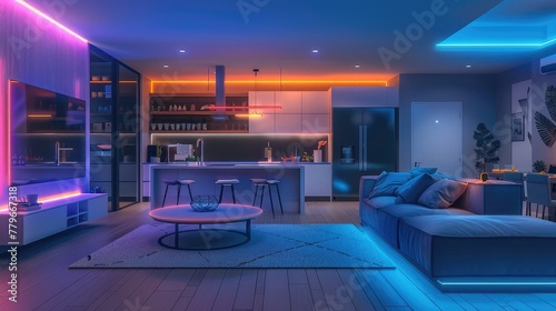 modern lounge with luxury interior room with sofa and kitchen with colorful light in it  © Sundas