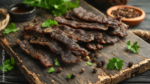 Juicy strips of smoked meat displayed on a rustic wooden board, seasoned with herbs and spices, ready for serving. photo