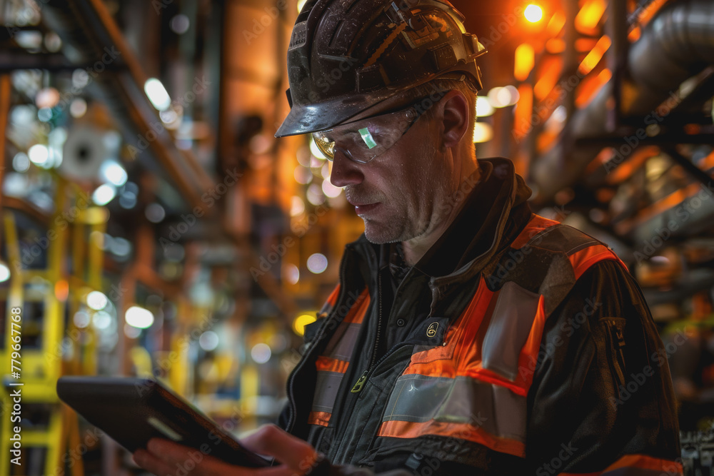 Worker in safety gear using a tablet to monitor nocturnal activities at an industrial plant