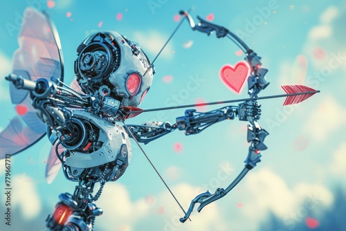 A robot precisely aims a bow towards a heart-shaped target, A robot cupid shooting arrows of love, AI Generated