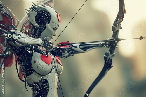 A detailed view of a bow featuring a heart-shaped design, A robot cupid shooting arrows of love, AI Generated