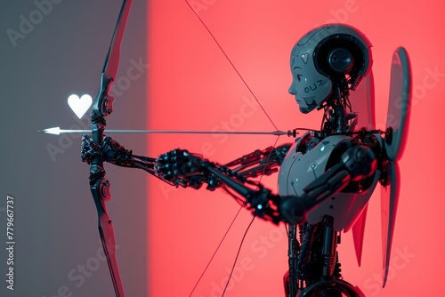 In this photo, a robot is seen precisely aiming a bow at a heart, preparing to shoot, A robot cupid shooting arrows of love, AI Generated