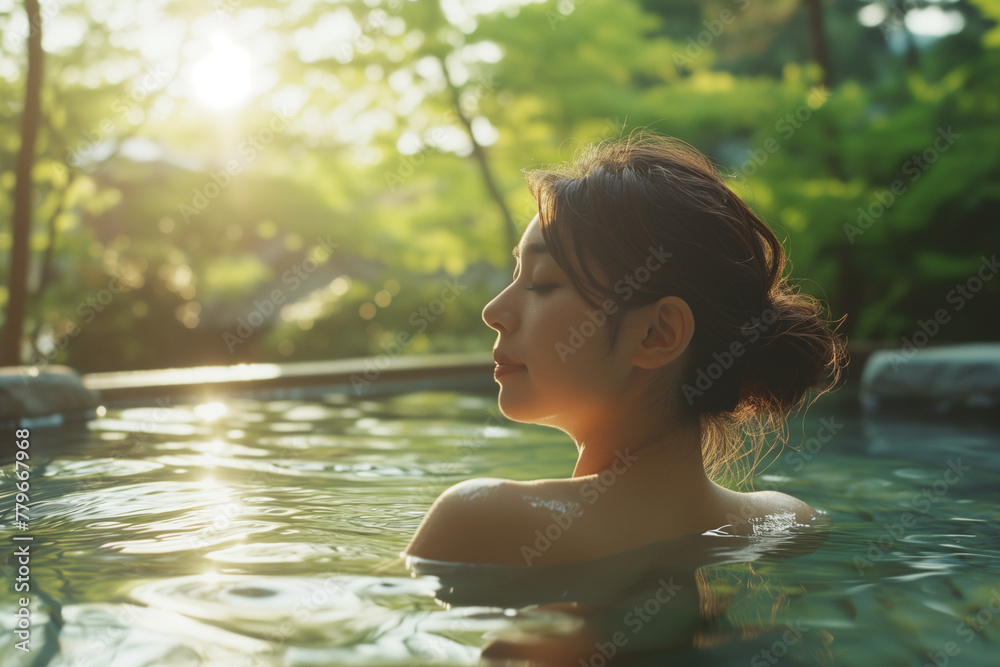 Peaceful young woman relaxing in a natural hot spring, with sunlight filtering through green foliage. Peaceful young woman relaxing in a natural hot spring, with sunlight filtering through green foliage.