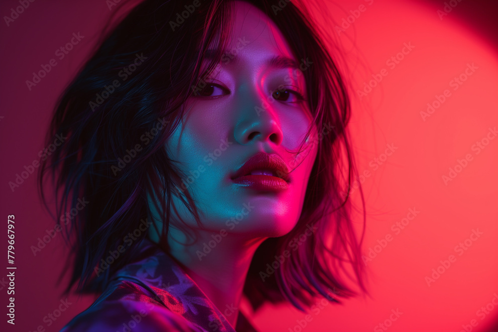 A striking young asian woman model portrait, her face painted with the vibrant colors of neon, creating a dream-like beauty. A striking young asian woman model portrait, her face painted with the vibrant colors of neon, creating a dream-like beauty.