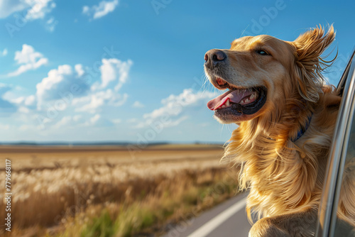 Golden Retriever enjoys a car ride. Generative AI image photo