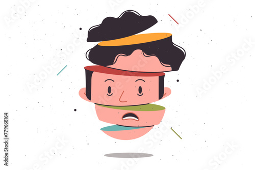 Head is man with personality disorder and psychological problems, with face divided into parts