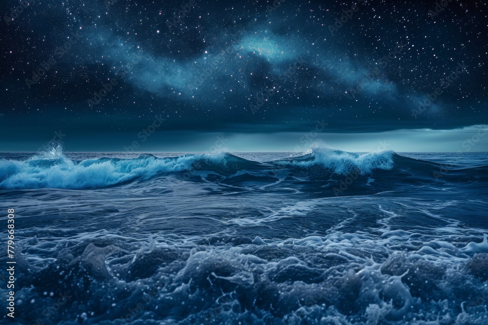 A detailed painting depicting a dark night sky filled with stars and a calm ocean below, A romantic view of ocean waves under a starry sky, AI Generated