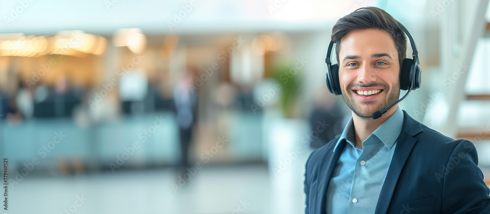 A professional man wearing a headset, offering customer support, with a blurred office background, showcasing the concept of professional assistance. Generative AI A professional man wearing a headset, offering customer support, with a blurred office background, showcasing the concept of professional assistance. Generative AI
