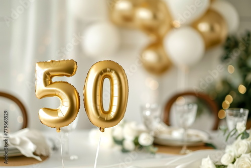 Golden helium floating balloons made in shape of number fifty. Birthday jubilee party or wedding anniversary for 50 years celebration. Elegant white decorations	 photo