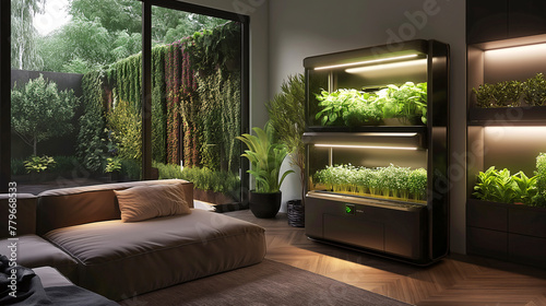 Smart vertical hydroponic shelving system that automatically grows herbs in home interior, glowing with LED lights, urban farming solutions 