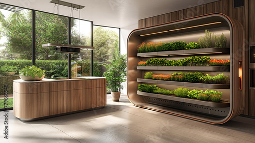 Smart vertical hydroponic shelving system that automatically grows herbs in home interior, modern urban gardening photo