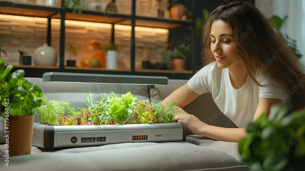 woman grows herbs and greens in a city apartment using a smart hydroponic system