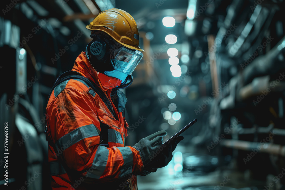 Worker in safety gear using a tablet to monitor nocturnal activities at an industrial plant