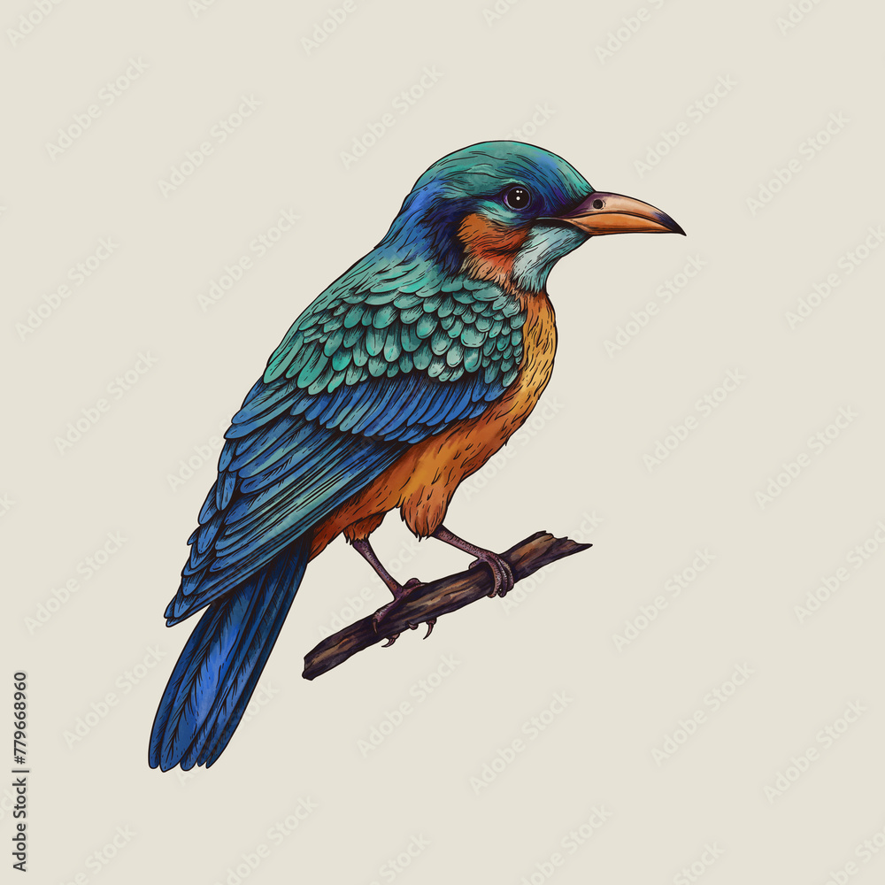 Obraz premium Vintage tropical fantasy bird, isolated hand drawn birds