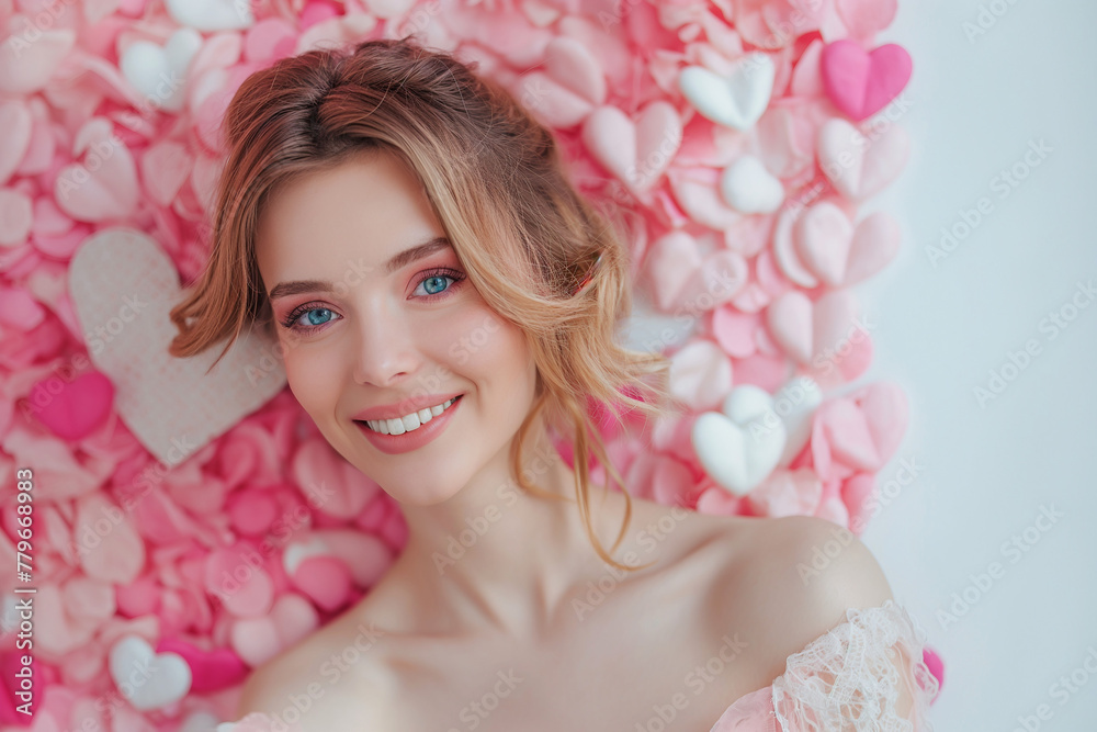 A woman is laying on a bed of pink confetti A woman is laying on a bed of pink confetti