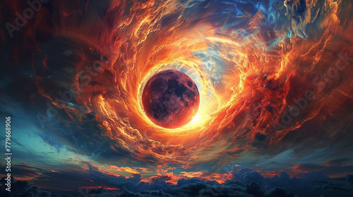 The sky transforms into a canvas of swirling colors as the sun and moon converge in a breathtaking solar eclipse, painting a picture of cosmic beauty.