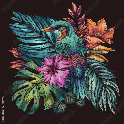 Vintage floral tropical bird, summer vivid flowers