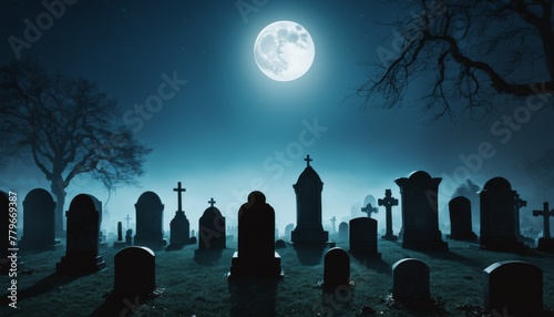 A hauntingly serene graveyard under the soft glow of a full moon, with shadows cast over ancient tombstones in a tranquil night setting.. AI Generation