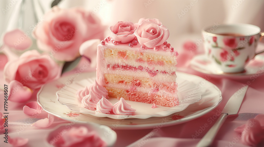 A slice of pink cake with pink frosting and pink roses on top of it A slice of pink cake with pink frosting and pink roses on top of it