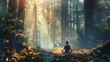 A person meditating in tranquility amidst a mystical forest, with sun rays piercing through the towering trees. Meditation in a Mystical Forest with Sunlight Rays

