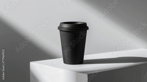 Aesthetic black paper coffee cup with black lid. Light minimalist background with copy space. Take away. Generative AI © AngrySun