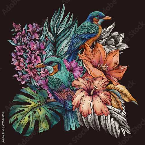 Vintage floral tropical bird, summer vivid flowers (ID: 779669556)
