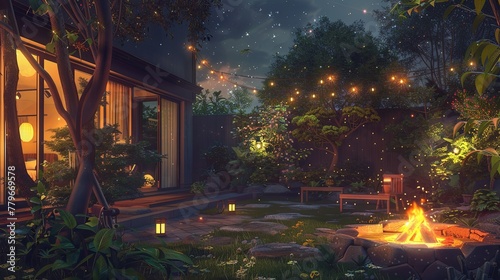 An idyllic backyard setting at night featuring a warm firepit, ambient lighting, and a clear, star-studded sky. Starry Night in a Peaceful Home Backyard with Firepit Lofi Anime Cartoon 
