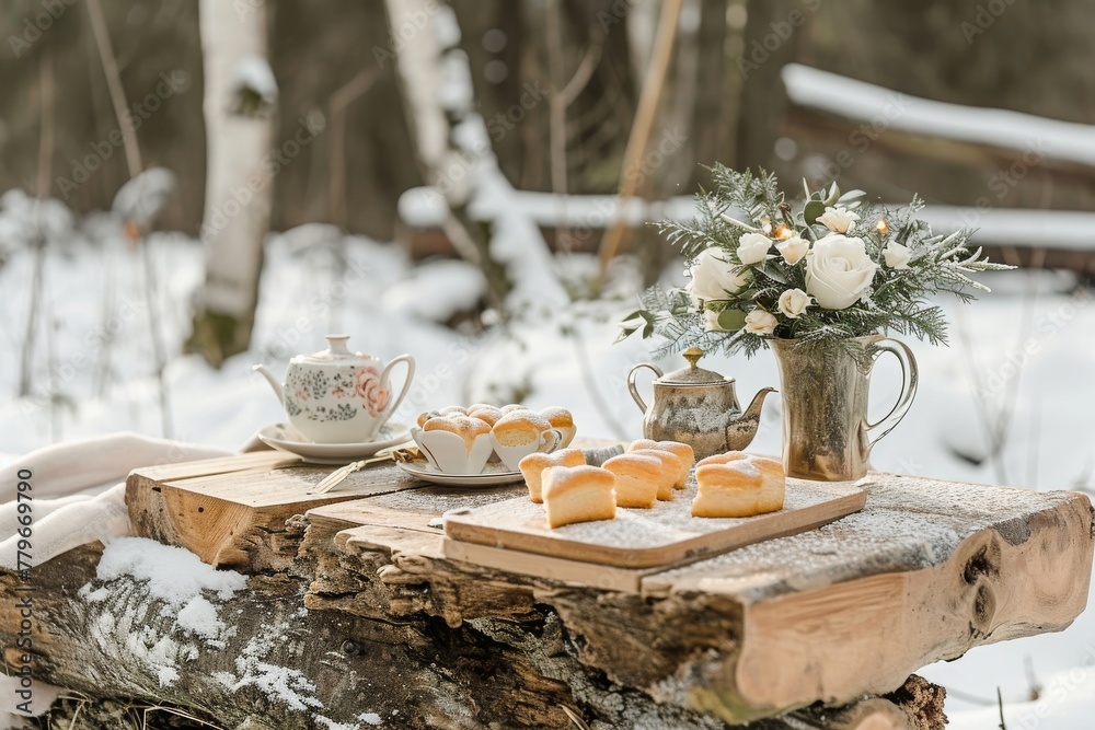 A wooden table with a variety of deliciously prepared food placed on a tray, A rustic tea party setup with heart-shaped pastries out in a snow-covered field, AI Generated