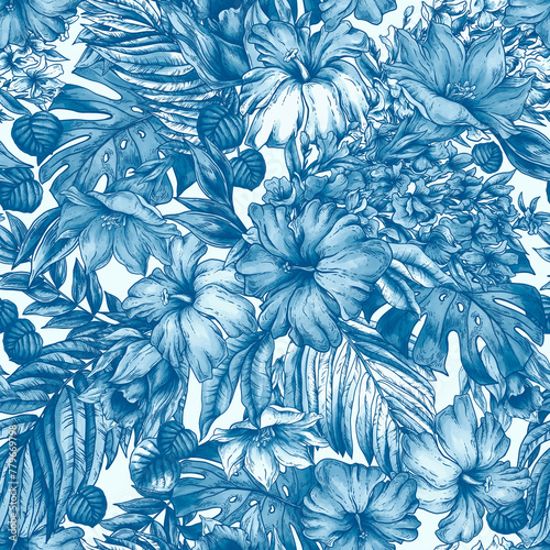 Vintage blue floral tropical seamless pattern, summer vivid flowers texture (ID: 779669798)