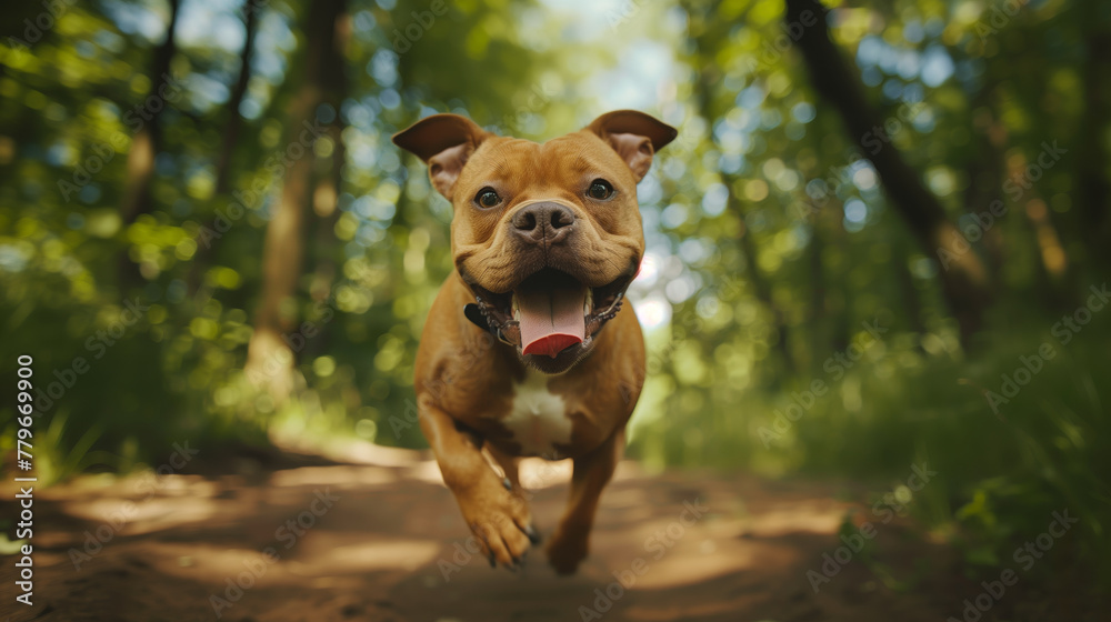 A happy dog running towards the camera in a forest setting with a blurred green background, embodying the concept of joy and companionship. Generative AI