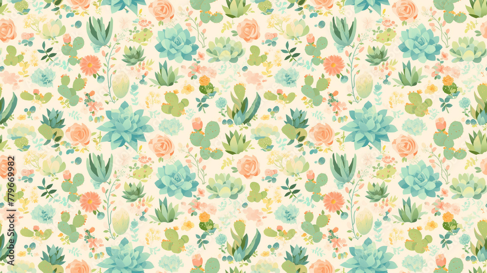 Succulent garden, soft pastels, seamless pattern Succulent garden, soft pastels, seamless pattern