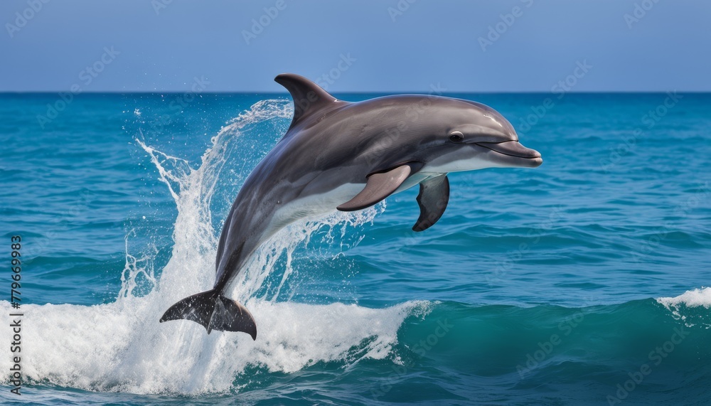 Naklejka premium A playful dolphin soars above ocean waves, its sleek body captured mid-leap against a serene blue seascape.. AI Generation