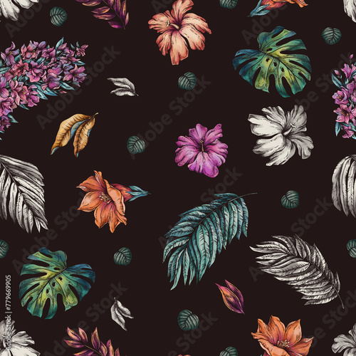 Vintage floral tropical seamless pattern, summer vivid flowers texture (ID: 779669905)
