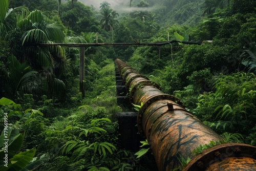 Large Pipe in the Middle of a Jungle, A rusty pipeline snaking through a lush, green jungle, AI Generated photo