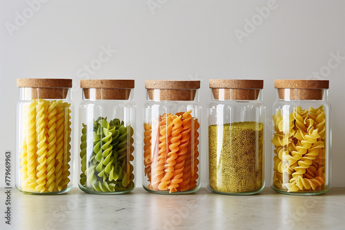 Assorted pasta in glass jars with cork lids on a table. Generative AI image photo