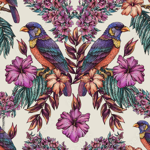Vintage floral tropical bird seamless pattern, summer vivid flowers texture (ID: 779669964)