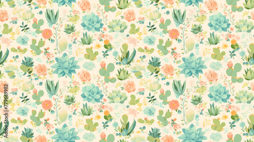 Succulent garden, soft pastels, seamless pattern