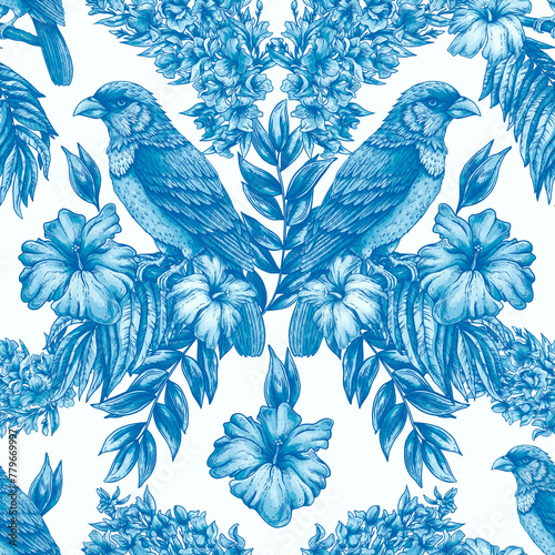 Vintage blue floral tropical bird seamless pattern, summer vivid flowers texture (ID: 779669997)