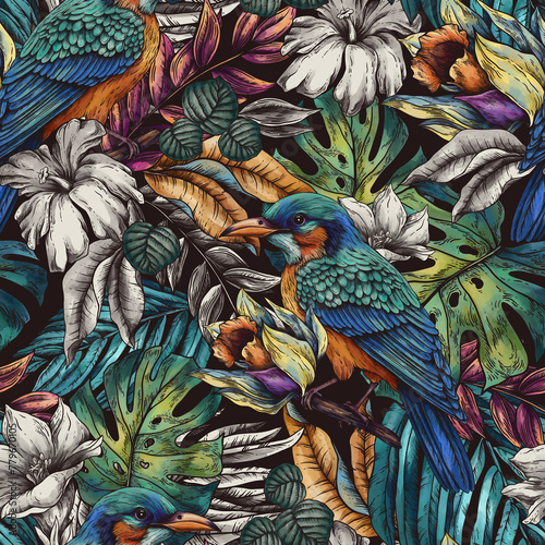 Vintage floral tropical bird seamless pattern, summer vivid flowers texture (ID: 779670105)