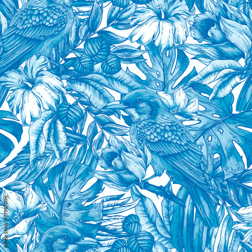Vintage blue floral tropical bird seamless pattern, summer vivid flowers texture © depiano