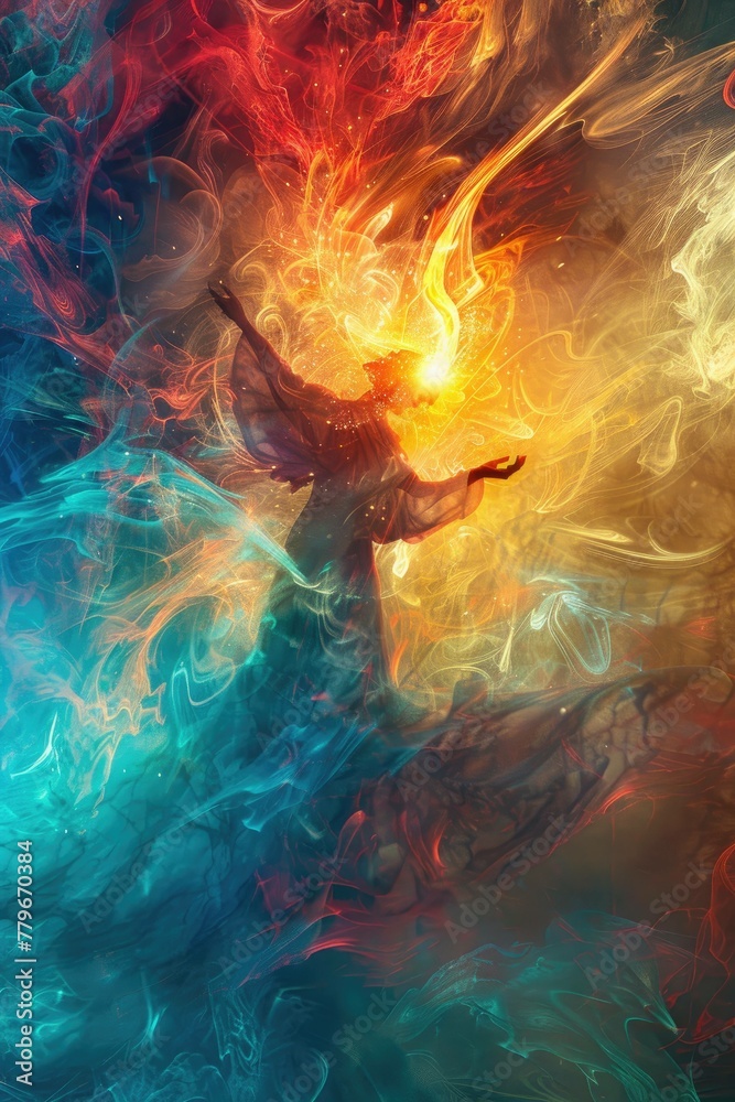 Ethereal Blaze: A Surreal Figure Embraced by Swirling Cosmic Flames