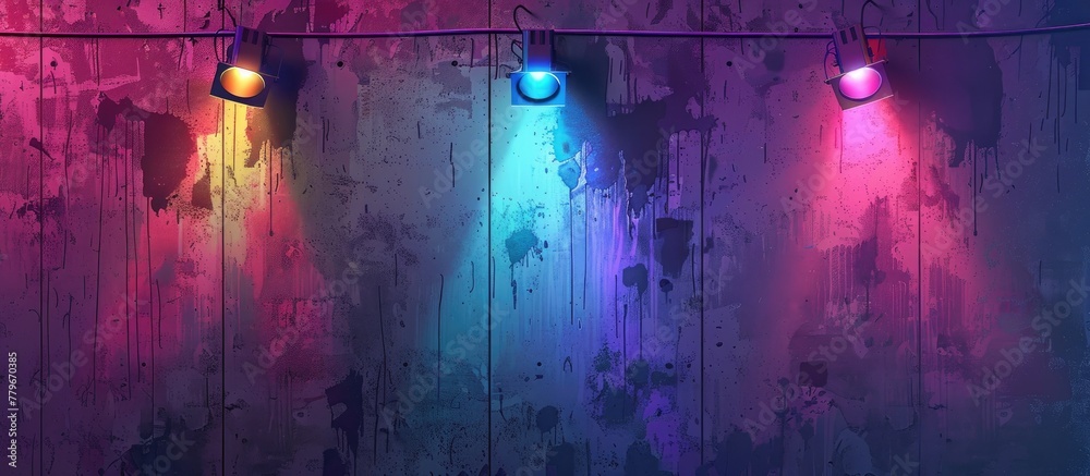 A row of colorful lights, including Purple, Violet, Magenta, and Electric blue, hang from a wire on a wooden wall, creating a fun and entertaining atmosphere in the darkness for an event or party